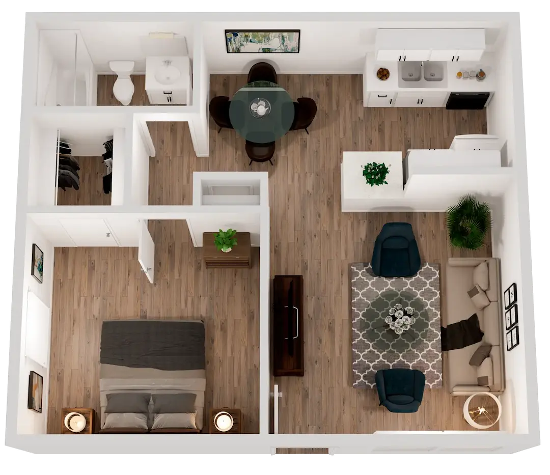 3D floor plan  a 1 bed, 1 bath apartment