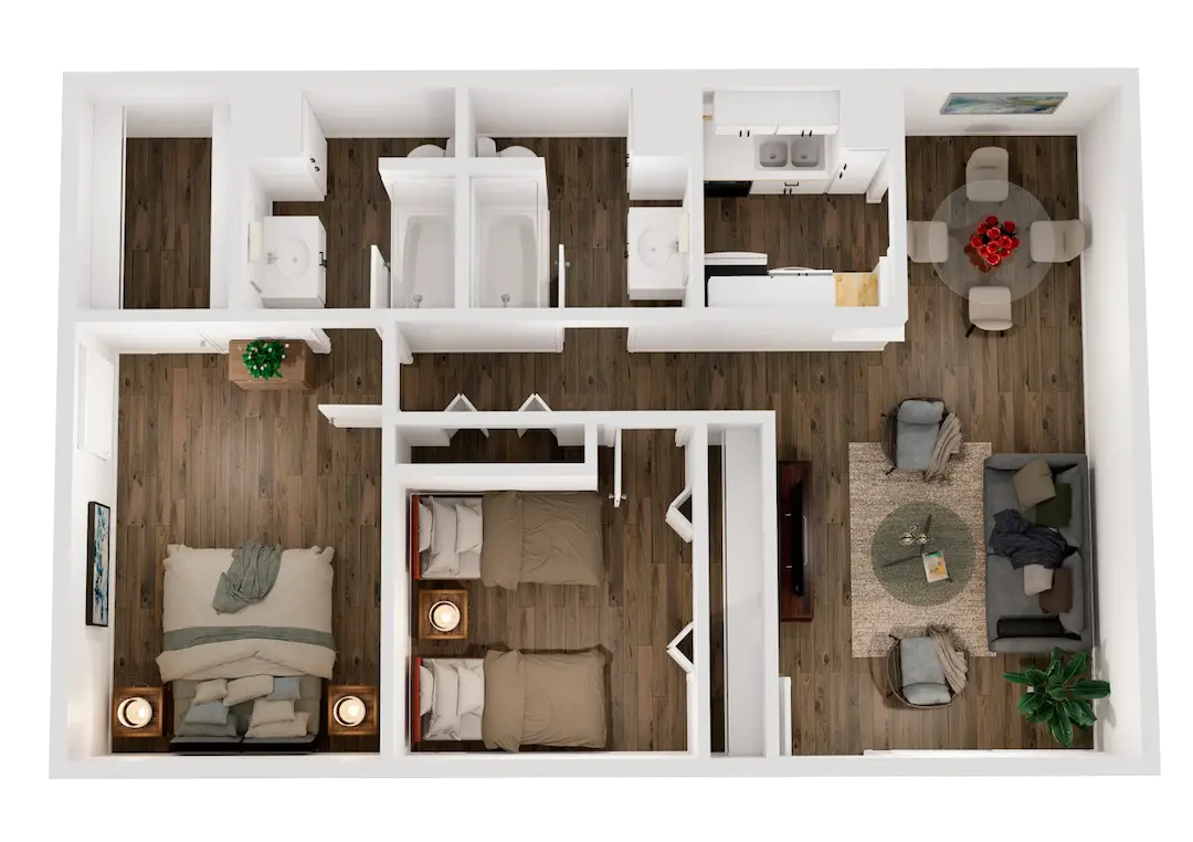 3D floor plan  a 2 bed, 2 bath apartment